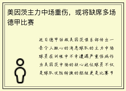 美因茨主力中场重伤，或将缺席多场德甲比赛